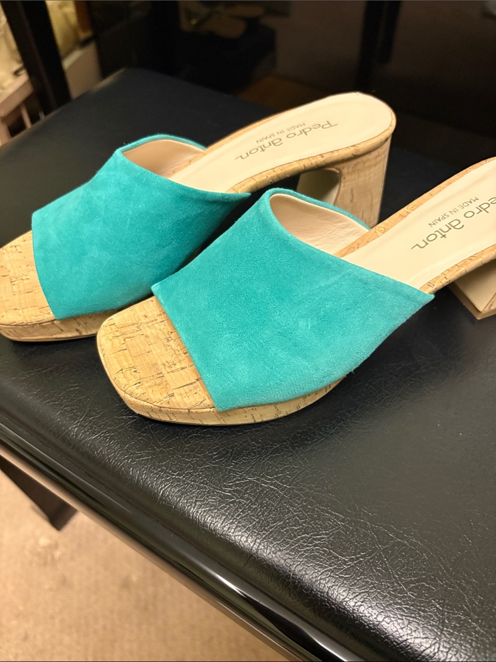 Pedro Anton Turquoise Suede Cork Block Heel Mules